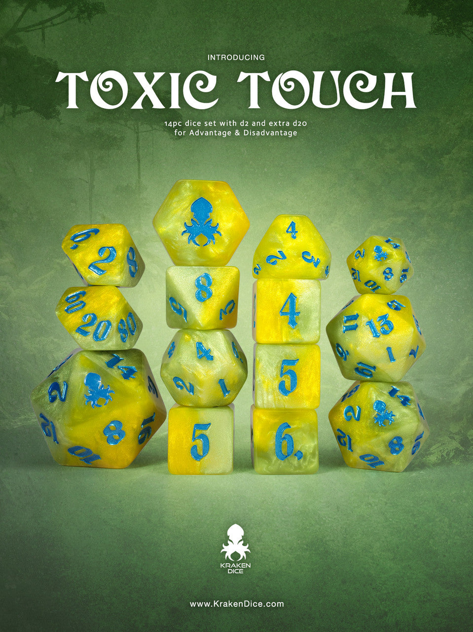 Toxic Touch 14pc Resin Dice Set inked in Blue